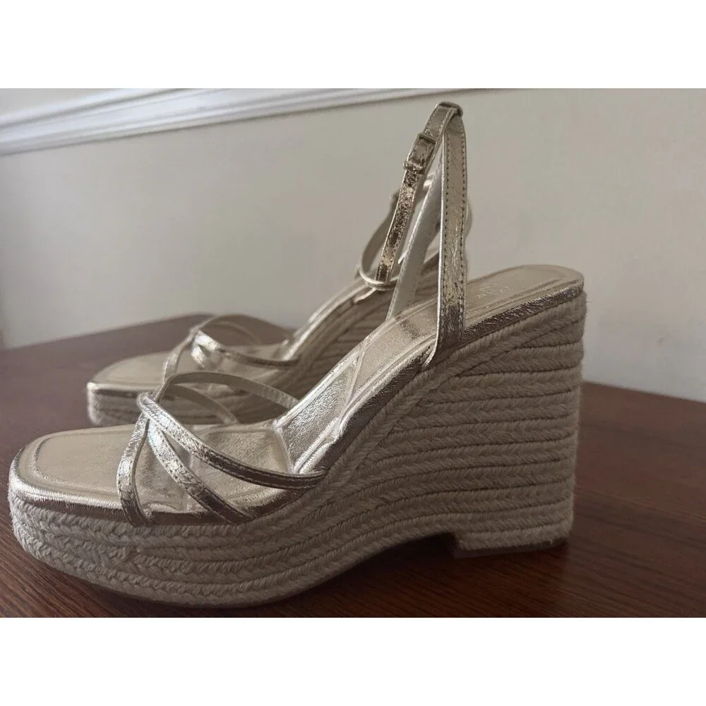 Zara Gold Metallic Espadrille Wedge Sandals Women's Size 9 Strappy Platform - Picture 3 of 12